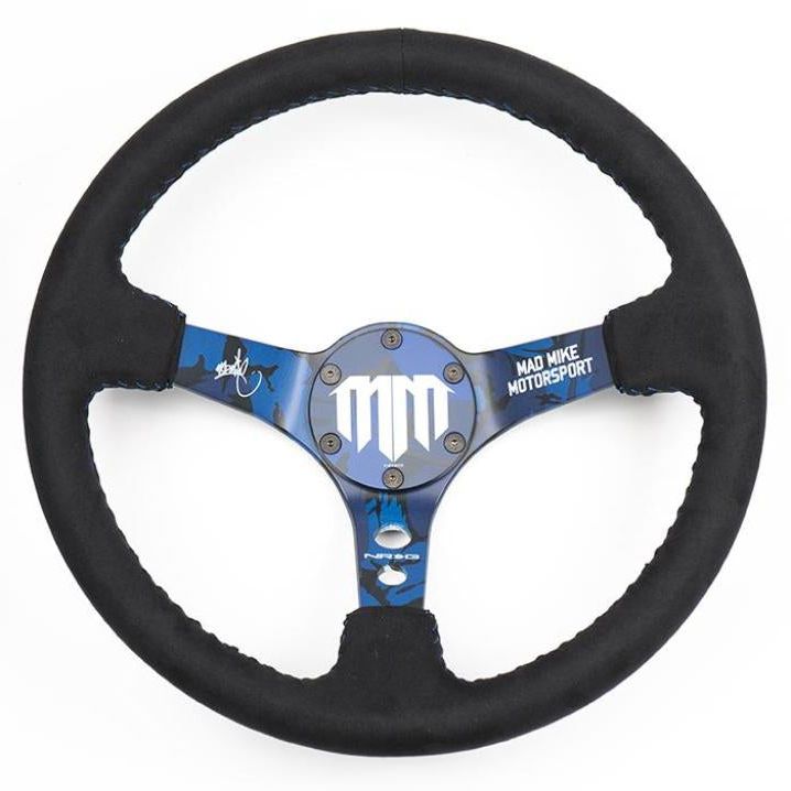 NRG Reinforced Steering Wheel (3in. Deep) Mad Mike/ 5mm Spoke /Alcantara Finish w/ Blue Stitching - SMINKpower Performance Parts NRGRST-020MB-C-MM NRG