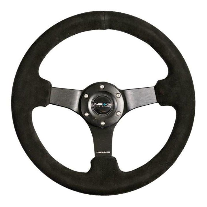 NRG Reinforced Steering Wheel (330mm / 3in Deep) Blk Suede w/Criss Cross Stitch w/Blk 3-Spoke Center - SMINKpower Performance Parts NRGRST-033BK-S NRG
