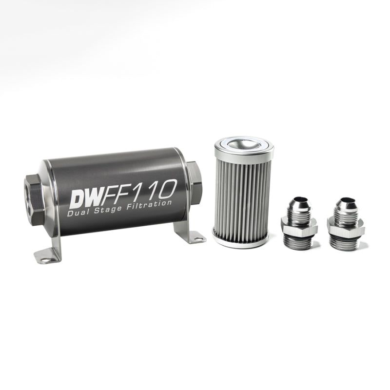 DeatschWerks Stainless Steel 8AN 10 Micron Universal Inline Fuel Filter Housing Kit (110mm)-Fuel Filters-DeatschWerks-DWK8-03-110-010K-8-SMINKpower Performance Parts