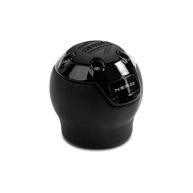 Momo Nero Shift Knob - Black Leather, Black Chrome Insert, with Reverse Lockout - SMINKpower Performance Parts MOMNERBK1-R MOMO