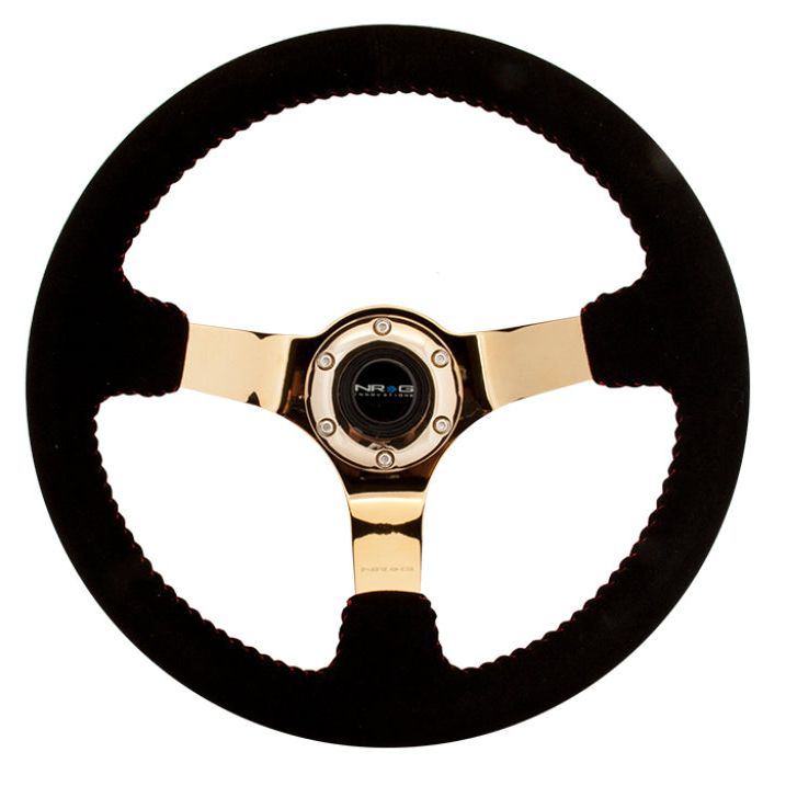 NRG Reinforced Steering Wheel (350mm / 3in. Deep) Blk Suede w/Red BBall Stitch & Chrome Gold 3-Spoke - SMINKpower Performance Parts NRGRST-036GD-S NRG