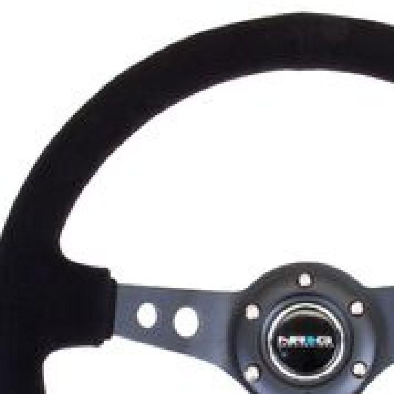 NRG Reinforced Steering Wheel (350mm / 3in. Deep) Blk Suede/Blk Stitch w/Black Circle Cutout Spokes - SMINKpower Performance Parts NRGRST-006-S NRG