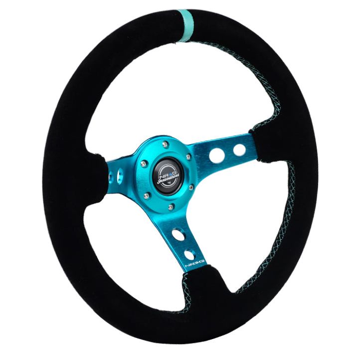 NRG Reinforced Steering Wheel (350mm/ 3in. Deep) Black Suede/ Teal Center Mark/ Teal Stitching - SMINKpower Performance Parts NRGRST-006S-TL NRG