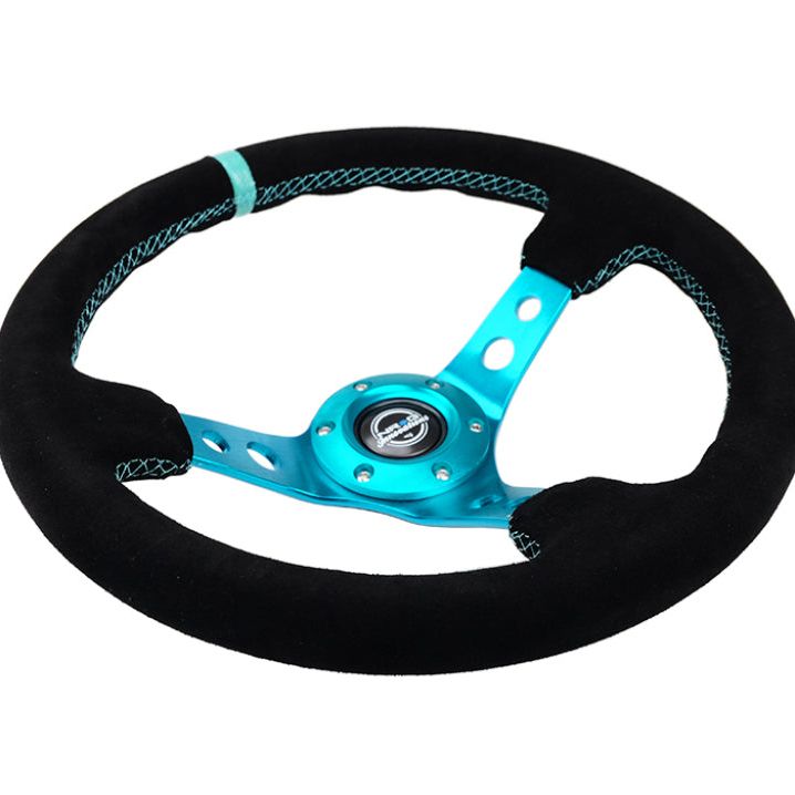 NRG Reinforced Steering Wheel (350mm/ 3in. Deep) Black Suede/ Teal Center Mark/ Teal Stitching - SMINKpower Performance Parts NRGRST-006S-TL NRG