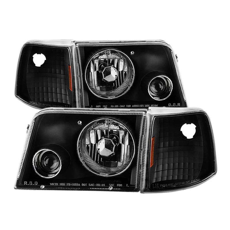 Xtune Ford Ranger 93-97 Projector Headlights w/ Corner Lights Black PRO-JH-FR93-SET-BK-Headlights-SPYDER-SPY9029387-SMINKpower Performance Parts
