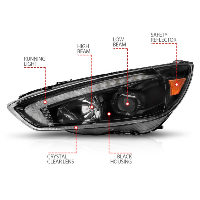 ANZO 15-18 Ford Focus Projector Headlights - w/ Light Bar Switchback Black Housing-Headlights-ANZO-ANZ121564-SMINKpower Performance Parts