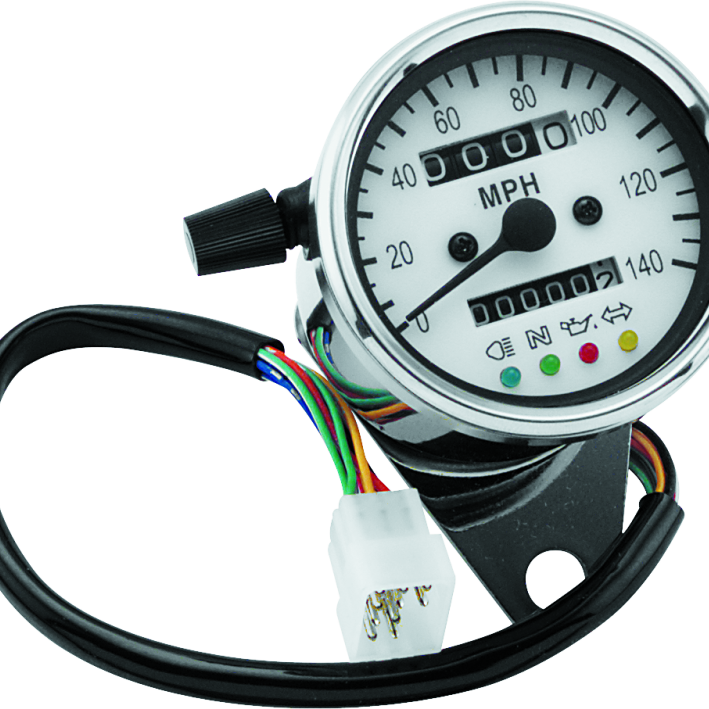 Bikers Choice 2.5 Inch Chrome 2:1 Universal Mini Speedo w LED Indicators White Face 140 Mph