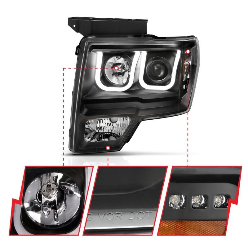 ANZO 2009-2014 Ford F-150 Projector Headlights w/ U-Bar Black Amber (HID TYPE) (WITHOUT HID KIT)-Headlights-ANZO-ANZ111351-SMINKpower Performance Parts