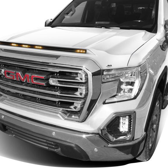 AVS 19-22 GMC Sierra Aeroskin Low Profile Hood Shield w/ Lights - White Frost Tricoat