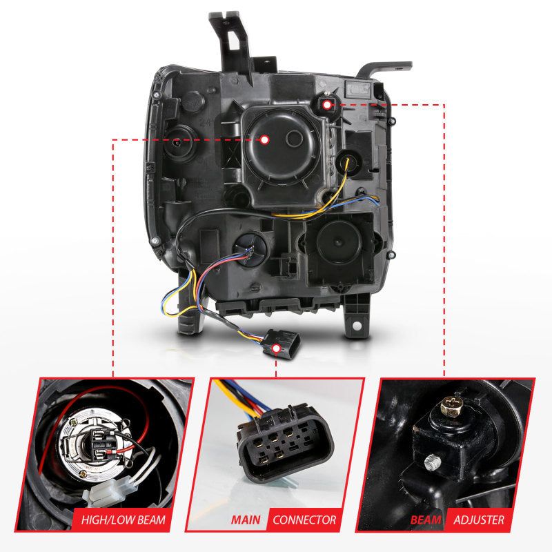 ANZO 2014-2015 GMC Sierra 1500 Projector Headlights w/ Light Bar Black Housing (Halogen Type)-Headlights-ANZO-ANZ111513-SMINKpower Performance Parts