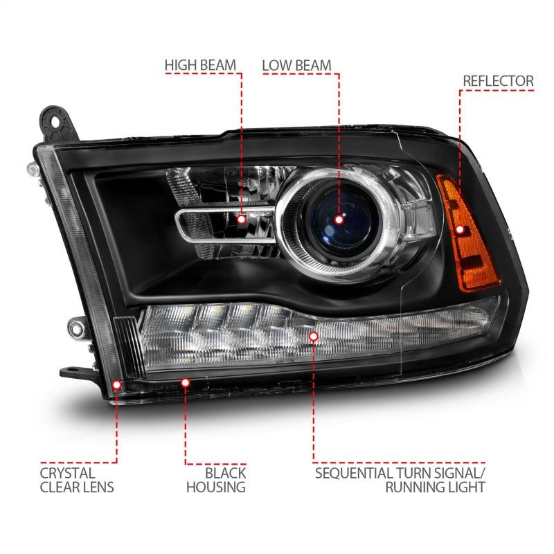 ANZO 09-18 Dodge Ram 1500/2500/3500 LED Plank Style Headlights Switchback + Sequential - Matte Black-Headlights-ANZO-ANZ111609-SMINKpower Performance Parts