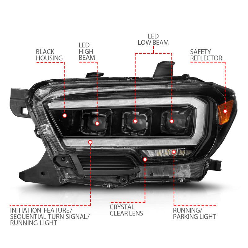 ANZO 16-22 Toyota Tacoma SR/SR5 ONLY Full LED Proj Headlights w/Light Bar Seq. Blk w/Initiation Lgt-Headlights-ANZO-ANZ111562-SMINKpower Performance Parts