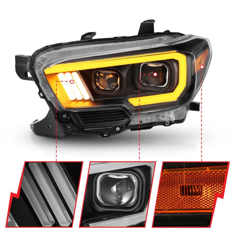 ANZO 2016-2017 Toyota Tacoma Projector Headlights w/ Plank Style Switchback Black w/ Amber w/ DRL-Headlights-ANZO-ANZ111397-SMINKpower Performance Parts