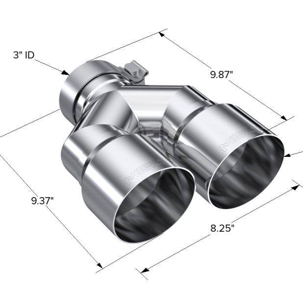 MBRP 3in ID / Dual 4in OD Out Staggered L 9.37in / R 9.87in Single Wall T304 SS Univ Exhaust Tip