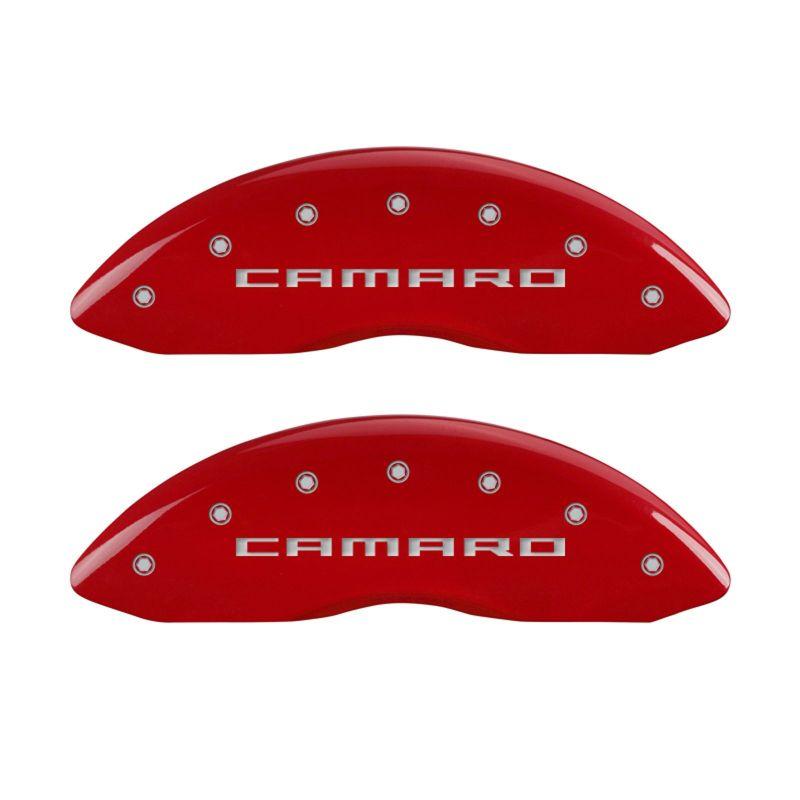 MGP 4 Caliper Covers Engraved Front Gen 5/Camaro Engraved Rear Gen 5/RS Red finish silver ch