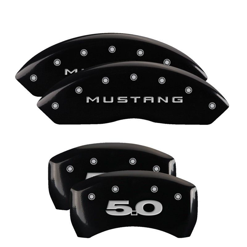 MGP 4 Caliper Covers Engraved Front Mustang Engraved Rear 50 Black finish silver ch-Caliper Covers-MGP-MGP10198SM50BK-SMINKpower Performance Parts