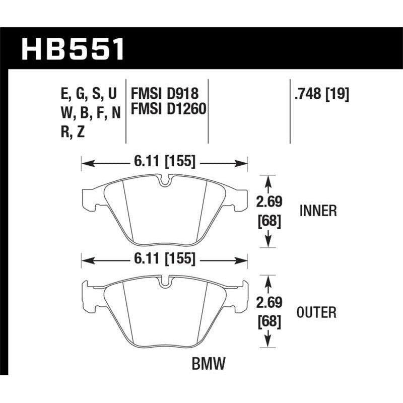 Hawk 07-09 BMW 335d/335i/335xi / 08-09 328i/M3 HP+ Street Front Brake Pads - SMINKpower Performance Parts HAWKHB551N.748 Hawk Performance