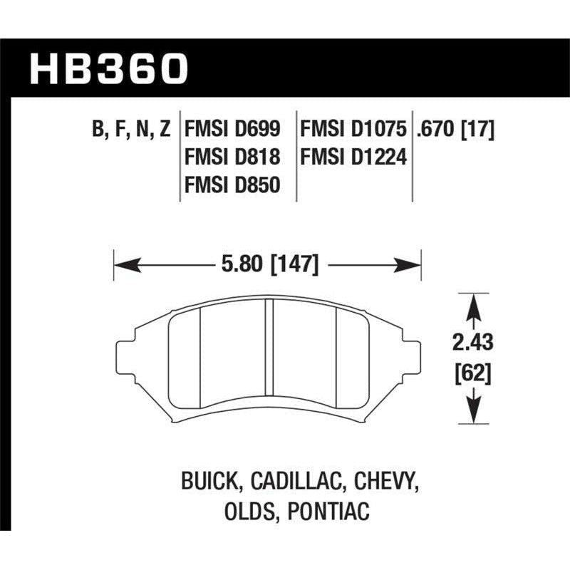Hawk Buick/ Cadillac/ Chevy/ Olds/ Pontiac Front HPS Brake Pads - SMINKpower Performance Parts HAWKHB360F.670 Hawk Performance