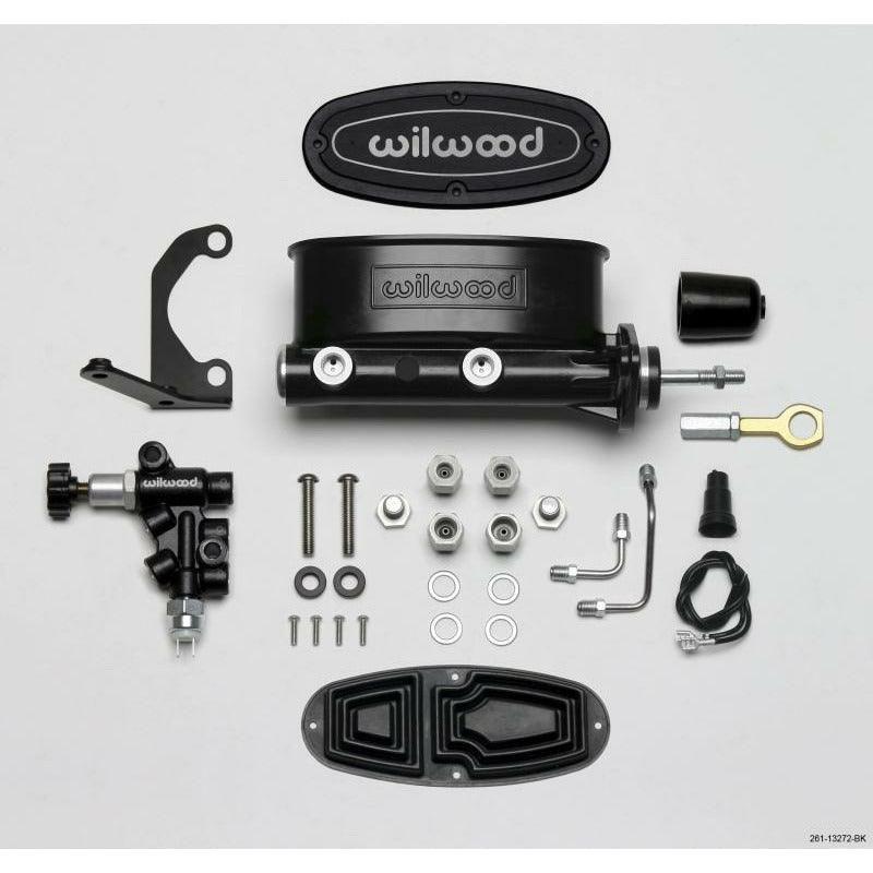 Wilwood HV Tandem M/C Kit w L/H Bracket & Prop Valve - 7/8in Bore Black-W/Push. - Early Mustang - SMINKpower Performance Parts WIL261-13272-BK Wilwood