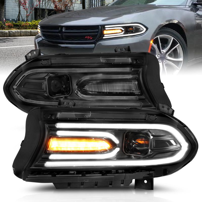 ANZO 2015-2018 Dodge Charger Projector Headlights Plank Style Black-Headlights-ANZO-ANZ121559-SMINKpower Performance Parts