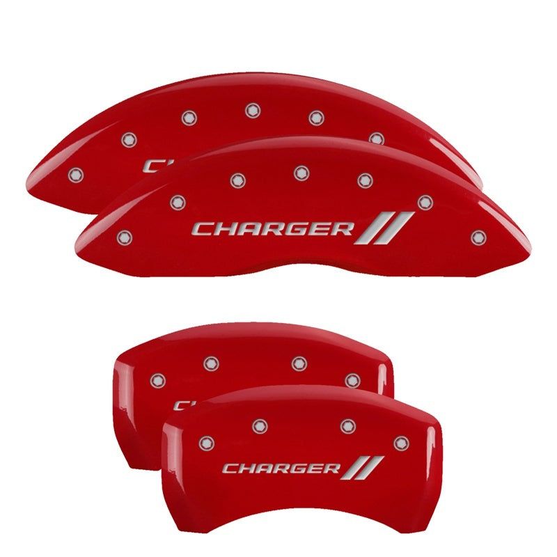 MGP 4 Caliper Covers Engraved Front & Rear With stripes/Charger Red finish silver ch-Caliper Covers-MGP-MGP12162SCH1RD-SMINKpower Performance Parts