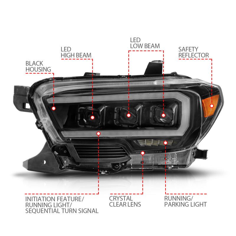 ANZO 16-22 Toyota Tacoma LED Projector Headlights w/ Light Bar Sequential Black Housing w/Initiation-Headlights-ANZO-ANZ111563-SMINKpower Performance Parts