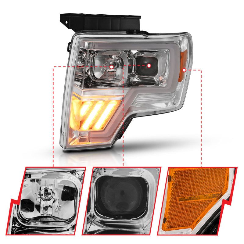 ANZO 2009-2014 Ford F-150 Projector Headlight Chrome Amber-Headlights-ANZO-ANZ111446-SMINKpower Performance Parts