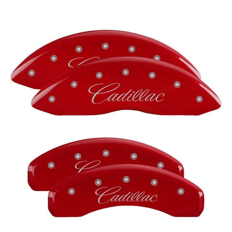 MGP 4 Caliper Covers Engraved Front & Rear Cursive/Cadillac Red finish silver ch-Caliper Covers-MGP-MGP35015SCADRD-SMINKpower Performance Parts