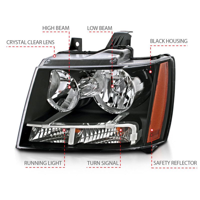 ANZO 2007-2014 Chevrolet Tahoe/Suburban Crystal Headlights Black-Headlights-ANZO-ANZ111392-SMINKpower Performance Parts