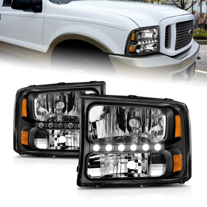 ANZO 2000-2004 Ford Excursion Crystal Headlights Black w/ LED 1pc-Headlights-ANZO-ANZ111106-SMINKpower Performance Parts