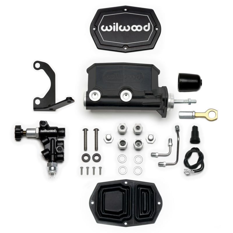 Wilwood Compact Tandem M/C - 15/16in Bore w/Bracket and Valve fits Mustang (Pushrod) - Black - SMINKpower Performance Parts WIL261-15523-BK Wilwood