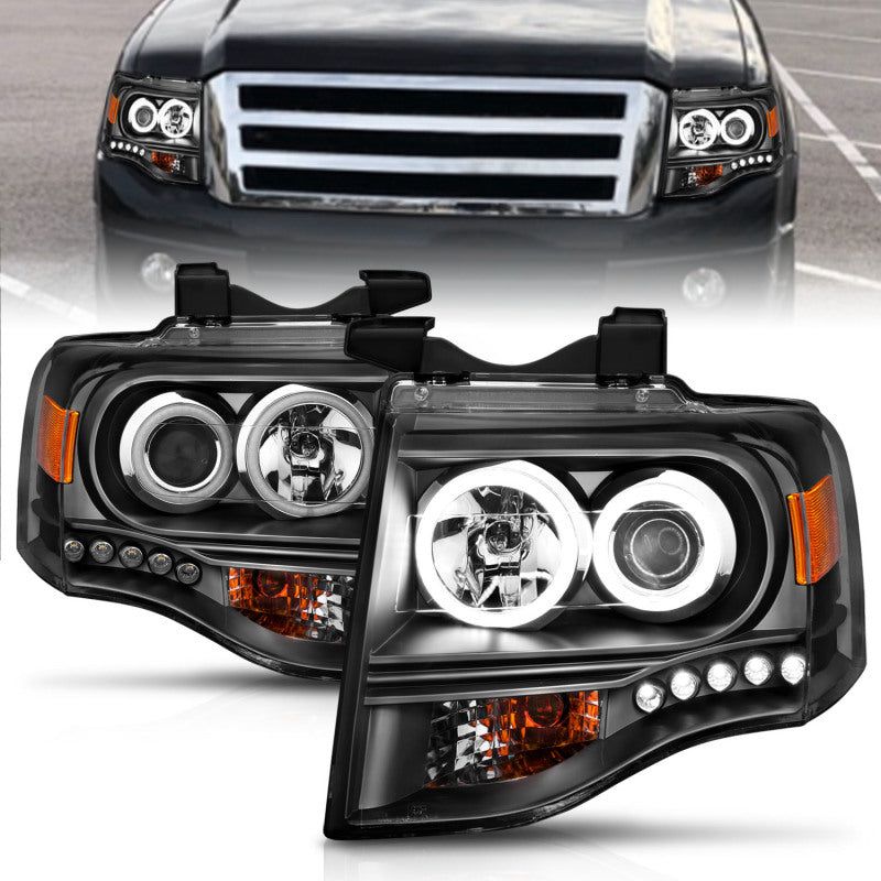 ANZO 2007-2014 Ford Expedition Projector Headlights w/ Halo Black-Headlights-ANZO-ANZ111113-SMINKpower Performance Parts