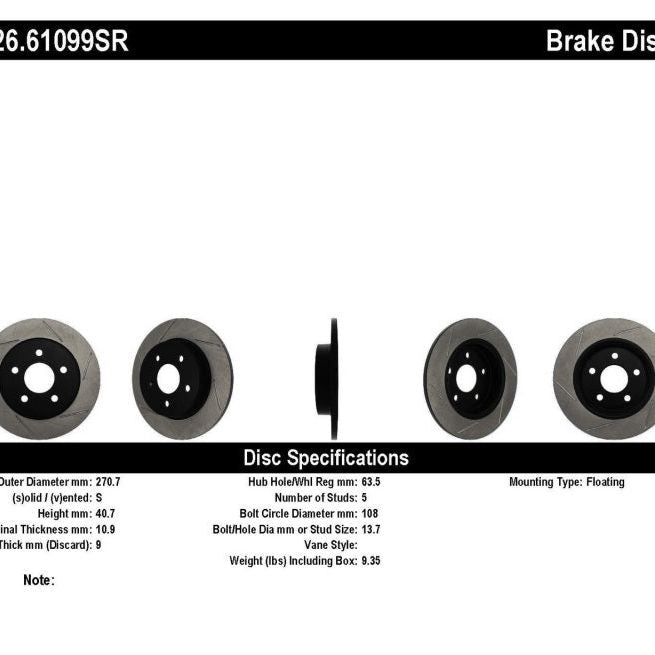 StopTech 13 Ford Focus ST Slotted Right Rear Rotor-Brake Rotors - Slotted-Stoptech-STO126.61099SR-SMINKpower Performance Parts