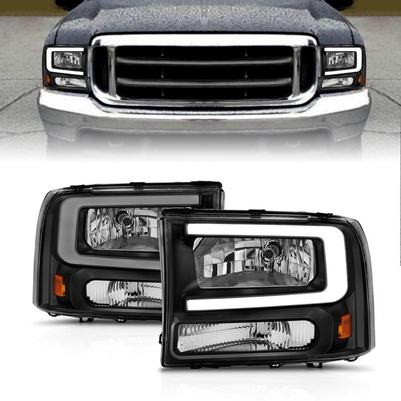 ANZO 99-04 Ford F250/F350/F450/Excursion (excl. 99) Crystal Headlights - w/ Light Bar Black Housing - SMINKpower Performance Parts ANZ111549 ANZO