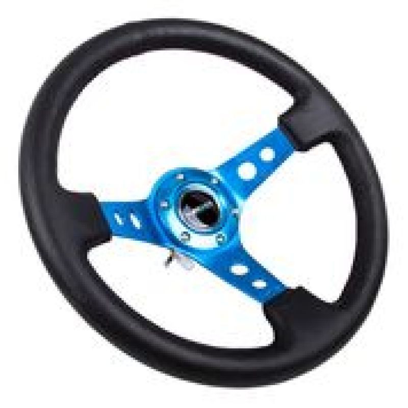 NRG Reinforced Steering Wheel (350mm / 3in. Deep) Blk Leather w/Blue Circle Cutout Spokes - SMINKpower Performance Parts NRGRST-006BL NRG