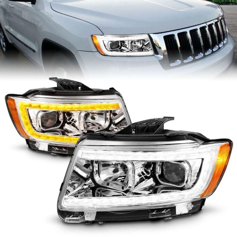 ANZO 11-13 Jeep Grand Cherokee (Factory Halogen Only) Projector Headlights w/Light Bar Swchbk Chrome - SMINKpower Performance Parts ANZ111569 ANZO