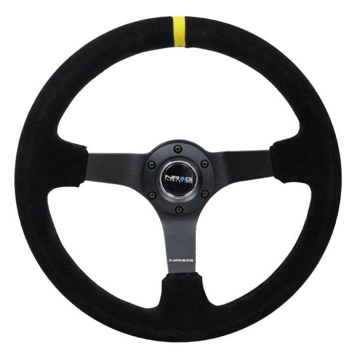 NRG Reinforced Steering Wheel (350mm / 3in. Deep) Blk Suede/X-Stitch w/5mm Blk Spoke & Yellow CM - SMINKpower Performance Parts NRGRST-036MB-S-Y NRG