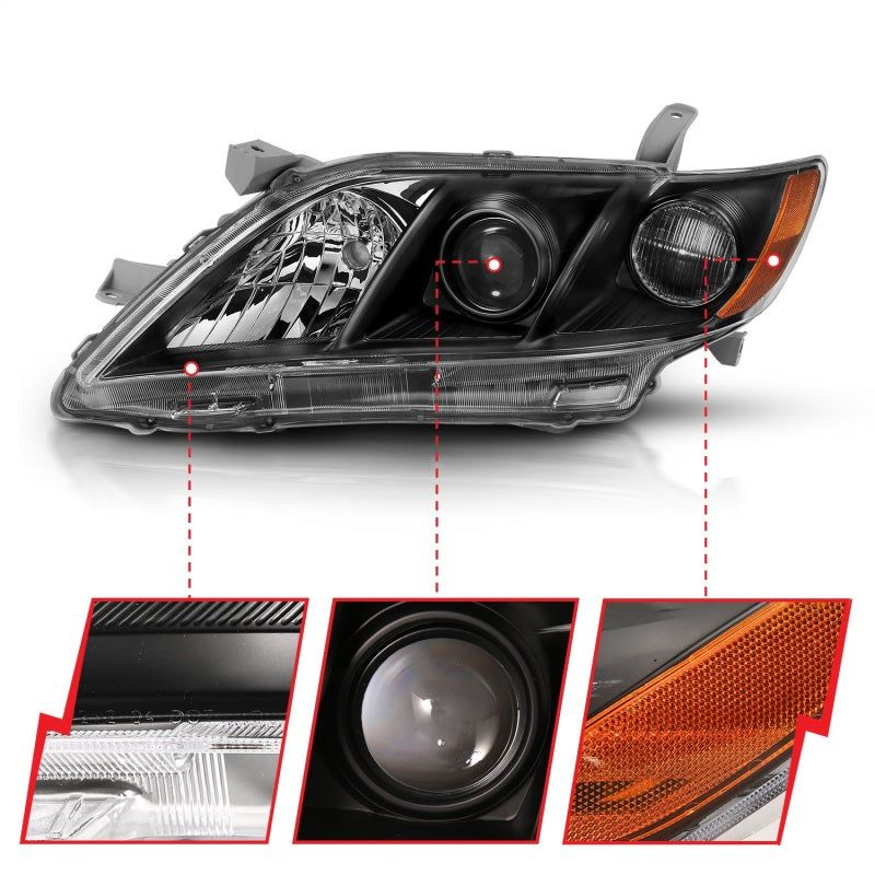 ANZO 2007-2009 Toyota Camry Projector Headlight Black Amber-Headlights-ANZO-ANZ121539-SMINKpower Performance Parts