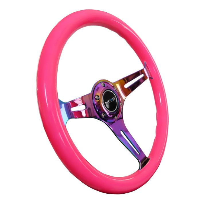 NRG Classic Wood Grain Steering Wheel (350mm) Neon Pink Painted Grip w/Neochrome 3-Spoke Center-Steering Wheels-NRG-NRGST-015MC-NPK-SMINKpower Performance Parts