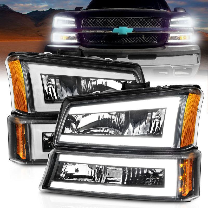 ANZO 2003-2006 Chevrolet Silverado 1500 Crystal Headlights w/ Light Bar Black Housing-Headlights-ANZO-ANZ111501-SMINKpower Performance Parts