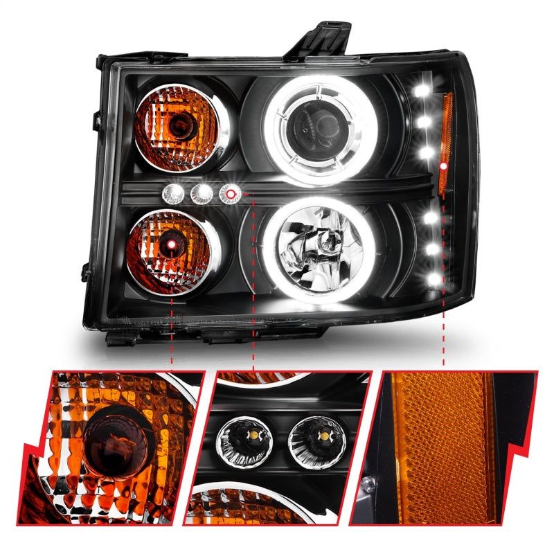 ANZO 2007-2013 Gmc Sierra 1500 Projector Headlights w/ Halo Black-Headlights-ANZO-ANZ111125-SMINKpower Performance Parts