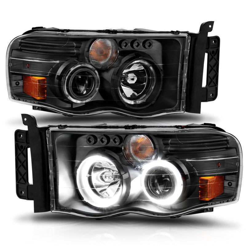 ANZO 2002-2005 Dodge Ram 1500 Projector Headlights w/ Halo Black Clear Amber-Headlights-ANZO-ANZ111490-SMINKpower Performance Parts