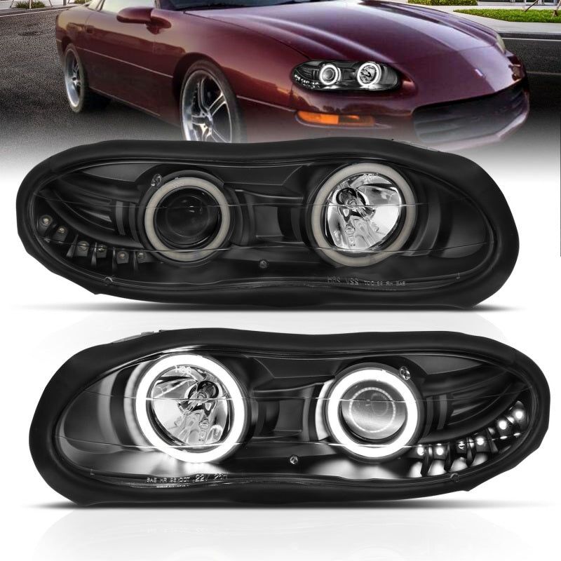 ANZO 1998-2002 Chevrolet Camaro Projector Headlights w/ Halo Black-Headlights-ANZO-ANZ121160-SMINKpower Performance Parts