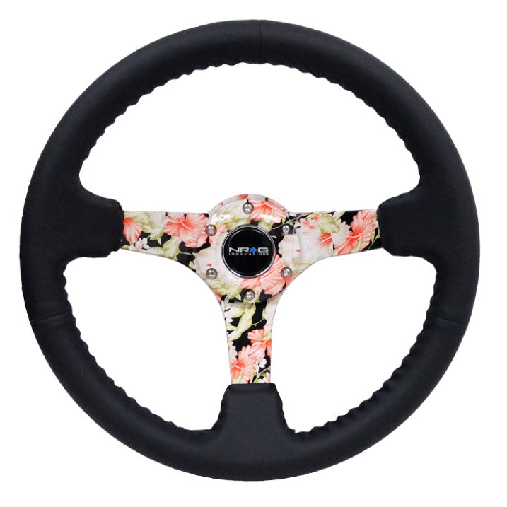 NRG Reinforced Steering Wheel (350mm / 3in. Deep) Blk Leather Floral Dipped w/ Blk Baseball Stitch - nrg-reinforced-steering-wheel-350mm-3in-deep-blk-leather-floral-dipped-w-blk-baseball-stitch