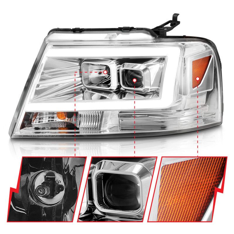 ANZO 2004-2008 Ford F-150 Projector Headlights w/ Light Bar Chrome Housing-Headlights-ANZO-ANZ111542-SMINKpower Performance Parts