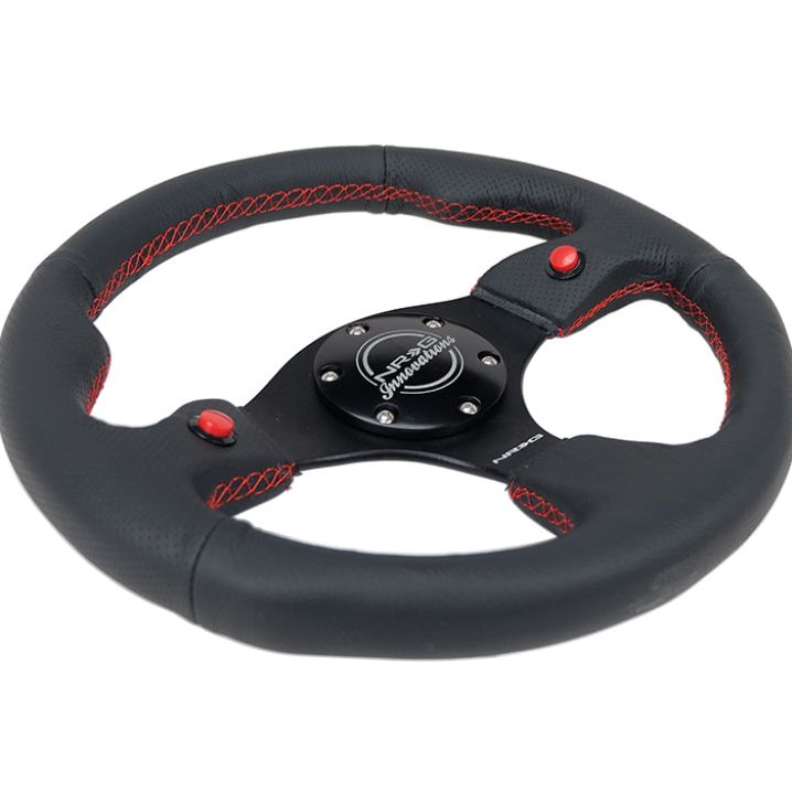 NRG Reinforced Steering Wheel (320mm) Blk Leather w/Dual Buttons-Steering Wheels-NRG-NRGRST-007R-SMINKpower Performance Parts