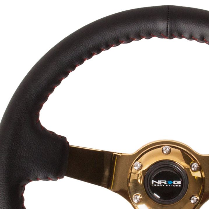 NRG Reinforced Steering Wheel (350mm / 3in. Deep) Blk Leather/Red BBall Stitch w/4mm Gold Spokes - SMINKpower Performance Parts NRGRST-036GD NRG