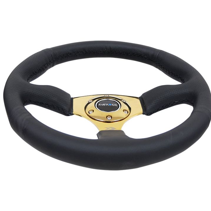 NRG Reinforced Steering Wheel (350mm / 2.5in. Deep) Leather Race Comfort Grip w/4mm Gold Spokes - SMINKpower Performance Parts NRGRST-023GD-R NRG