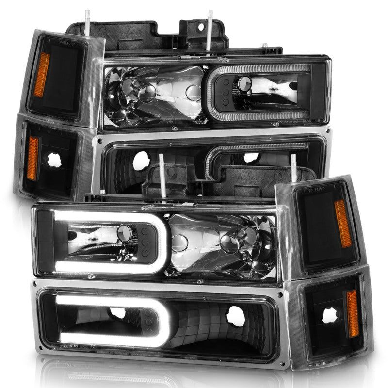 ANZO 88-98 Chevrolet C1500 Crystal Headlights w/ Light Bar Black Housing w/ Signal Side Markers 8Pcs-Headlights-ANZO-ANZ111528-SMINKpower Performance Parts