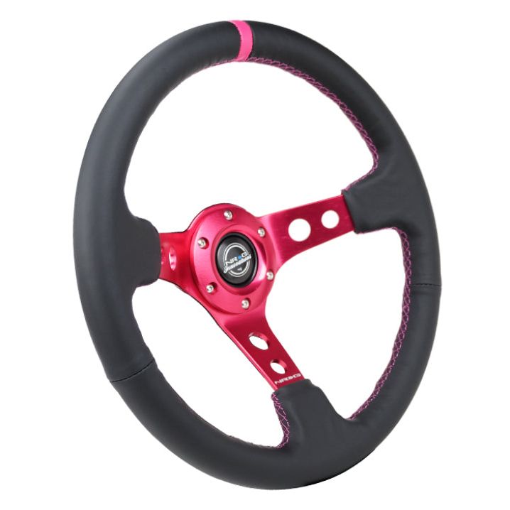 NRG Reinforced Steering Wheel (350mm/3in. Deep) Black Leather/ Fushia Center Mark/ Fushia Stitching - nrg-reinforced-steering-wheel-350mm-3in-deep-black-leather-fushia-center-mark-fushia-stitching
